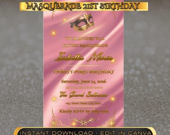 Pink Masquerade 21st Birthday Invitation, Gold Mask Party Invite (Digital Download)