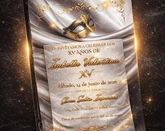 Elegant Masquerade Quinceañera Invitation – Silver Gold XV Años Canva Template (Instant Download)