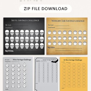 Puede incluir: Una descarga digital con varios desafíos de ahorro. Los diseños incluyen un desafío de ahorro de calaveras, un desafío de ahorro de tarros de brujas y desafíos con fantasmas, calderos y calabazas. El texto "ZIP FILE DOWNLOAD" está en la parte superior.