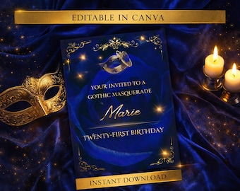 21st Birthday Masquerade Invitation – Gothic Blue Rose Mask Party Invite (Digital Download)