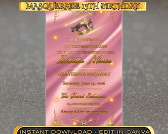 Masquerade 13th Birthday Invitation, Gothic Pink Gold Canva Template (Instant Download)