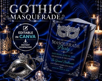 Blue 13th Birthday Masquerade Invitation, Silver Mask Party Invite, Royal Blue Birthday Template, Editable Canva Invite Instant Download
