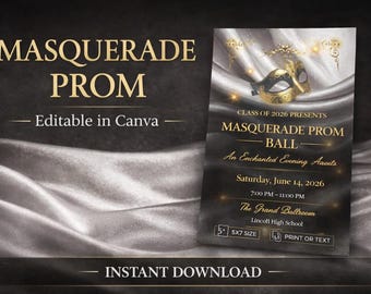 Masquerade Prom Invitation Template, Black Gold Formal Ball Invite (Digital Download)