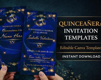 Blue Gold Masquerade Quinceañera Invitation – Editable Canva Template (Instant Download)