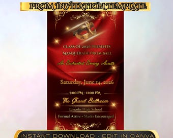 Red Masquerade Prom Invitation Template, Luxury Gold Formal Dance Invite (Instant Download)
