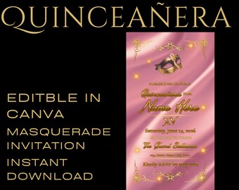 Pink Masquerade Quinceañera Invitation – Elegant XV Birthday Canva Template (Instant Download)