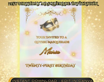21st Birthday Masquerade Invitation, Iridescent Glam Party Invite (Digital Download)