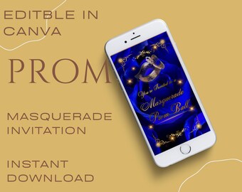 Masquerade Prom Ball Invitation Template – Royal Blue Gold Mask (Canva Download)
