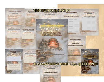 Pode incluir: Um planejador digital Cozy Winter com 13 páginas, com um diário de reflexão e metas sazonais. O design inclui uma vela, fatias de laranja secas e o texto "Instant Download A5+Letter PDF."