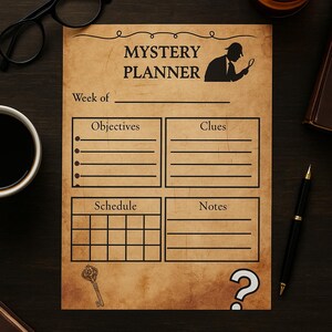 May include: A vintage-style "Mystery Planner" on aged paper, featuring sections for objectives, clues, schedule, and notes. The design includes a detective silhouette, a key, and a question mark, with the text "Mystery Planner" at the top.
