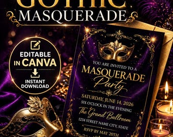 Masquerade Party Invitation Template – Editable Gold Mask Birthday Ball Invite (Digital Download)
