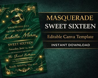 Emerald Green Gold Masquerade Sweet Sixteen Invitation – Editable Canva Template (Digital Download)