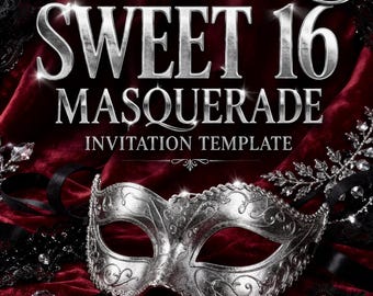 Sweet 16 Masquerade Invitation Template, Red Gothic Birthday Invite, Velvet Mask Party Invite, 16th Birthday Girl Canva Editable Download