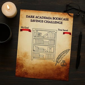 May include: A vintage-style paper with the text "Dark Academia Bookcase Savings Challenge" and a bookcase illustration. Includes a feather and inkwell drawing, a lit candle, and a pen.