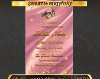Pink Masquerade Sweet 16 Invitation – Elegant Birthday Party Template (Digital Download)