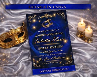 Gothic Masquerade Sweet Sixteen Invitation – Blue Rose Mask Party Invite (Canva Template)