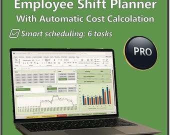 Könnte beinhalten: Ein Laptop zeigt einen Schichtplaner für Mitarbeiter mit automatischer Kostenberechnung. Der Bildschirm zeigt eine Tabelle mit Diagrammen und Daten. Der Text lautet "Employee Shift Planner With Automatic Cost Calculation" und "Smart scheduling: 6 tasks."