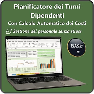 Può includere: Un laptop che mostra un foglio di calcolo con grafici e dati, su uno sfondo verde. Lo schermo mostra grafici e dati numerici, con un badge "BASIC". Il testo in alto recita "Pianificatore dei Turni Dipendenti".