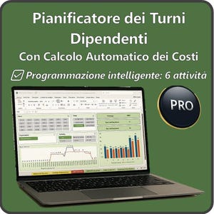 Könnte beinhalten: Ein Laptop mit einer Tabelle mit Diagrammen und Daten, vor einem grünen Hintergrund. Der Text auf dem Bildschirm enthält "Pianificatore dei Turni Dipendenti" und "Programmazione intelligente: 6 attività." Ein "PRO"-Abzeichen ist sichtbar.