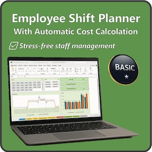 Può includere: Un laptop che mostra un pianificatore dei turni dei dipendenti con calcolo automatico dei costi. Lo schermo mostra grafici e tabelle di dati. Il testo recita "Gestione del personale senza stress" e "BASIC".