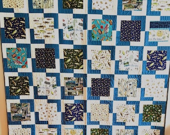 Nautical Fish Quilt, Coastal Bedding, Lake House Decor, Blue Patchwork Quilt