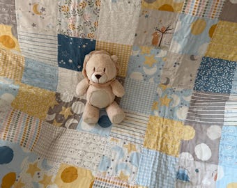 Moon & Stars Baby Quilt | Neutral Nursery Blanket | Handmade Cotton Crib Quilt