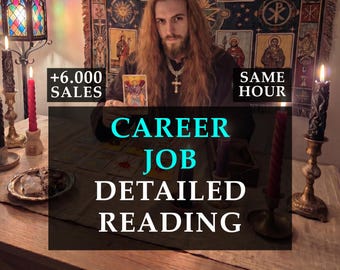 Może przedstawiać: Obraz promujący odczyty kariery i pracy. Tekst na obrazie brzmi "CAREER JOB DETAILED READING" i "+6.000 SALES". Osoba trzyma kartę tarota. Świece i dekoracyjna lampa znajdują się w tle.