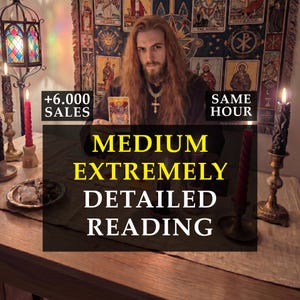 May include: A medium offering an extremely detailed reading is shown in this image. The person is holding a tarot card. The image includes the text "+6.000 SALES" and "SAME HOUR". Candles and a decorative lamp are also visible in the scene.