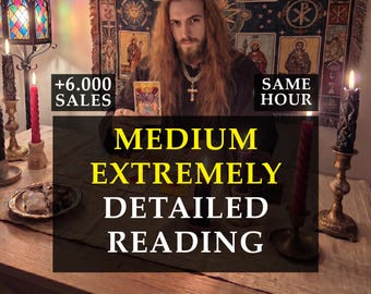 May include: An image of a medium offering an extremely detailed reading. The image features a person with long hair, holding a tarot card. The text on the image says "+6.000 SALES" and "SAME HOUR". Candles and a decorative lamp are also visible.