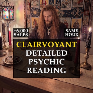 May include: A person with long hair, wearing a cross necklace, and surrounded by candles. The image includes the text "CLAIRVOYANT DETAILED PSYCHIC READING". Additional text states "+6.000 SALES" and "SAME HOUR".