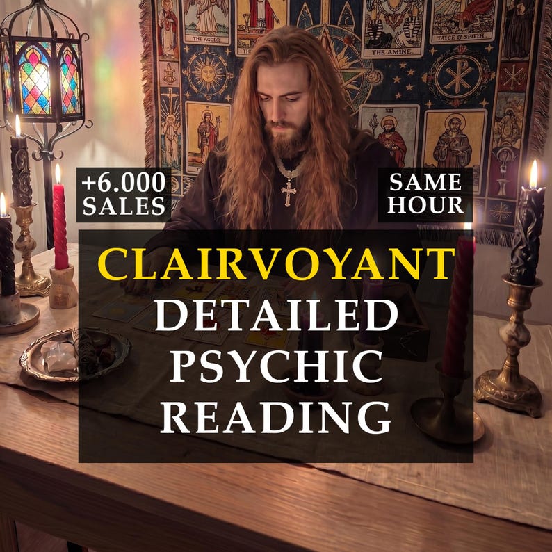May include: A person with long hair, wearing a cross necklace, and surrounded by candles. The image includes the text "CLAIRVOYANT DETAILED PSYCHIC READING". Additional text states "+6.000 SALES" and "SAME HOUR".