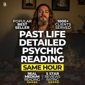 Può includere: Immagine che promuove letture psichiche. Il testo include "Popolare Più Venduto", "Lettura Psichica Dettagliata della Vita Passata" e "Stessa Ora". L'immagine presenta una persona con capelli lunghi e barba, con una sfera di cristallo e carte dei tarocchi.