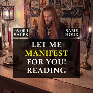 Può includere: Immagine di una persona con capelli lunghi, con una collana a croce, circondata da candele. Il testo recita "LET ME MANIFEST FOR YOU! READING", con "+6.000 SALES" e "SAME HOUR".