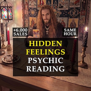 May include: An image advertising psychic readings. The text reads "HIDDEN FEELINGS PSYCHIC READING" in yellow font. The image also includes the text "+6.000 SALES" and "SAME HOUR". The scene includes candles, a tarot card, and a person.