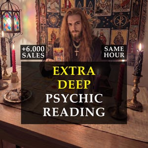 May include: A person holding a tarot card, with the words "EXTRA DEEP PSYCHIC READING" overlaid on the image. The image includes lit candles, a decorative lamp, and the text "+6.000 SALES" and "SAME HOUR".