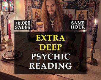 May include: An image featuring a person holding a tarot card, with text overlay reading "EXTRA DEEP PSYCHIC READING". The image includes lit candles, a decorative lamp, and the text "+6.000 SALES" and "SAME HOUR".