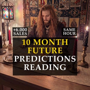 May include: An image featuring a person with long hair, a cross necklace, and a dark shirt, surrounded by candles and tarot cards. The text on the image reads "10 MONTH FUTURE PREDICTIONS READING" with additional text indicating sales and same-hour service.