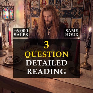 May include: A person with long hair and a cross necklace is seated at a wooden table with lit candles. The image includes text that reads "3 QUESTION DETAILED READING" and "+6.000 SALES". A tapestry with religious figures hangs in the background.