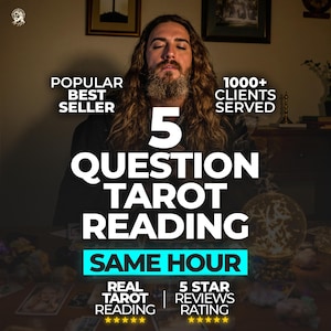 Puede incluir: Imagen promocionando un servicio de lectura de tarot. El texto dice "Popular, el más vendido", "Lectura de Tarot de 5 preguntas" y "En la misma hora". Texto adicional incluye "Más de 1000 clientes atendidos" y "5 estrellas de calificación".