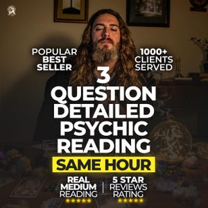 Puede incluir: Imagen que promociona un servicio de lectura psíquica. El texto dice "3 PREGUNTA LECTURA PSÍQUICA DETALLADA MISMA HORA." Texto adicional incluye "POPULAR MÁS VENDIDO," "1000+ CLIENTES ATENDIDOS," "LECTURA DE MEDIO REAL," y "5 ESTRELLAS RESEÑAS CLASIFICACIÓN."