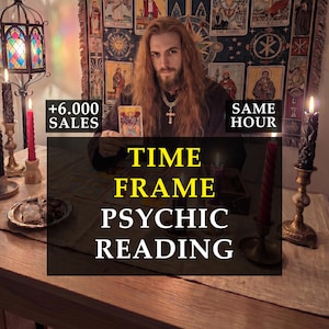 May include: A person holding a tarot card, with text overlay: "TIME FRAME PSYCHIC READING". The image includes lit candles, a decorative lamp, and the text "+6.000 SALES" and "SAME HOUR".