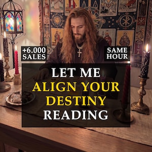 Puede incluir: Imagen de una persona con cabello largo y un collar con una cruz, rodeada de velas y cartas del tarot. El texto "LET ME ALIGN YOUR DESTINY READING" se muestra de forma destacada. Texto adicional indica "+6.000 SALES" y "SAME HOUR".