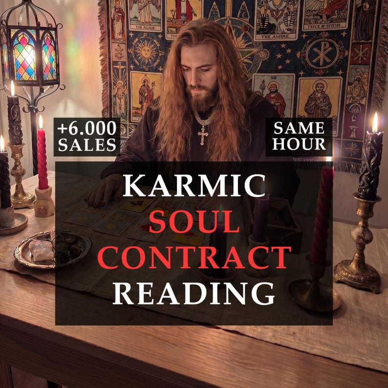 May include: An image featuring a person with long hair, a cross necklace, and tarot cards. The text overlay reads "Karmic Soul Contract Reading" with additional text indicating "+6.000 SALES" and "SAME HOUR". Candles and decorative items are also visible.