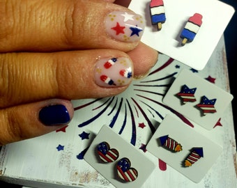 4th of July, patriotic stud earrings,  red white and blue,  Bomb pops, Popsicles, party, kids and adults