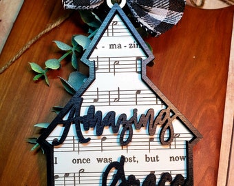 Amazing Grace Church Christmas ornament sheet music, religious, religion, Jesus,  layered, 3D
