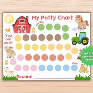 May include: A rectangular potty training chart titled My Potty Chart with farm-themed illustrations including a red barn, tractor, horse, cow, goat, and chicks. It features rows of colored circles for tracking progress, the text You can do it!, and a green starburst badge stating Certificate of Achievement Included.