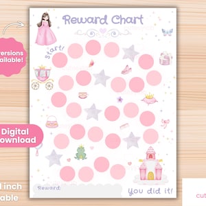 May include: A printable reward chart featuring a princess theme with pink circles, silver stars, and illustrations of a carriage, frog, and castle. The text reads Reward Chart, start, and you did it. The document measures 8.5 by 11 inches.