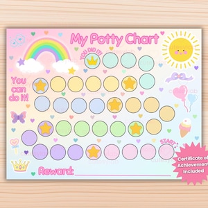 May include: A rectangular potty chart with a pastel rainbow, sun, and heart background. It features rows of empty circles for tracking progress, yellow star stickers, and the text My Potty Chart, You can do it!, and Certificate of Achievement Included.