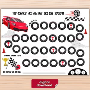 May include: A white reward chart featuring a red sports car, the text YOU CAN DO IT!, a path of black tire icons, red traffic cones, a checkered flag, a gold trophy, a racing helmet, and a reward line at the bottom with a dashboard gauge.