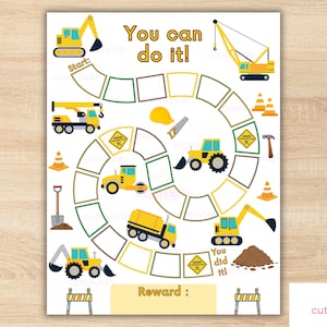 May include: A construction-themed reward chart featuring a winding path of squares, yellow excavators, cranes, dump trucks, and road signs. The text reads "You can do it!" at the top, "You did it!" near the end, and "Reward :" at the bottom.